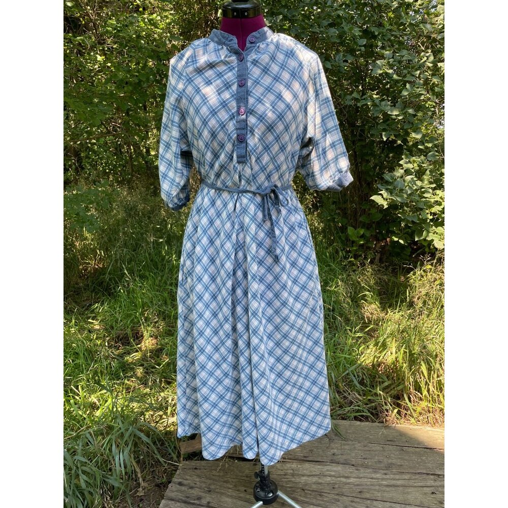 Vintage 1970s Chambray Blue Plaid Dress Rosani Size 8 - Picture 16 of 16